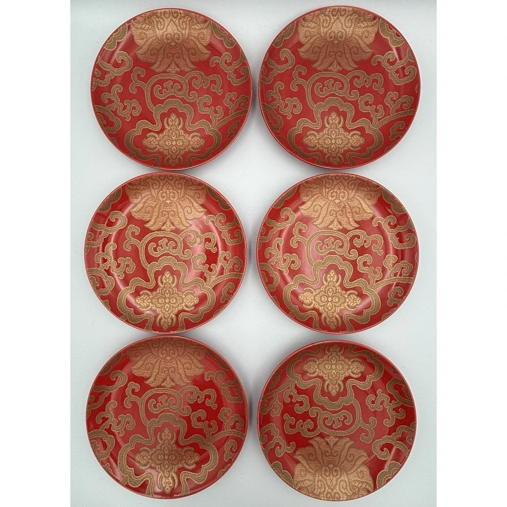 Pottery Barn Chinoise Dessert / Salad Plates Set of 6 Red & Gold 7